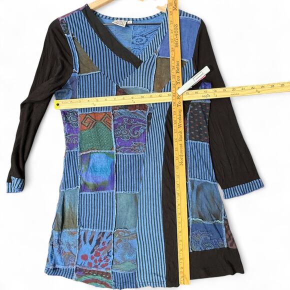 Parsley & Sage Tunic Dress M Patchwork Colorful Artsy Boho Lagenlook Blue Black - Picture 5 of 6